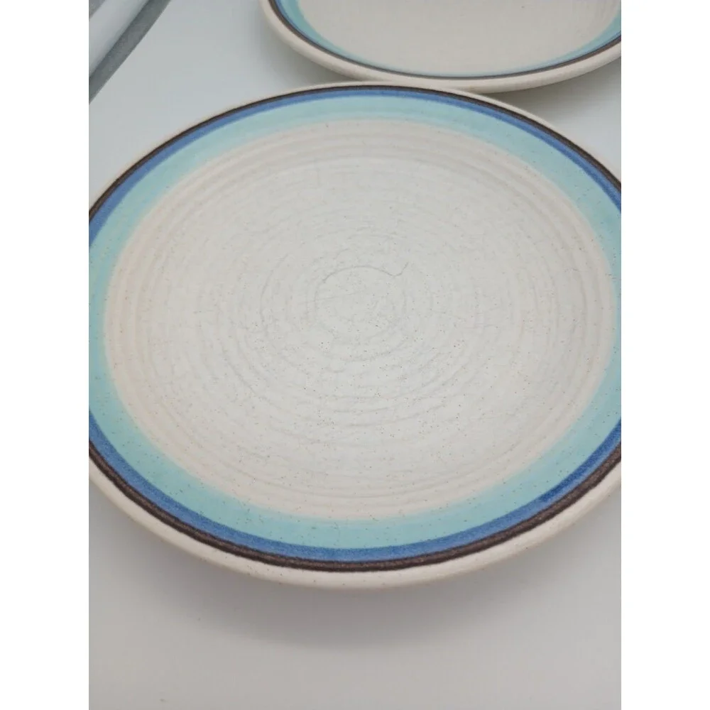 7 Vtg Franciscan Malibu Desert Plates Bread Appetizer Blue Brown Rings Stoneware